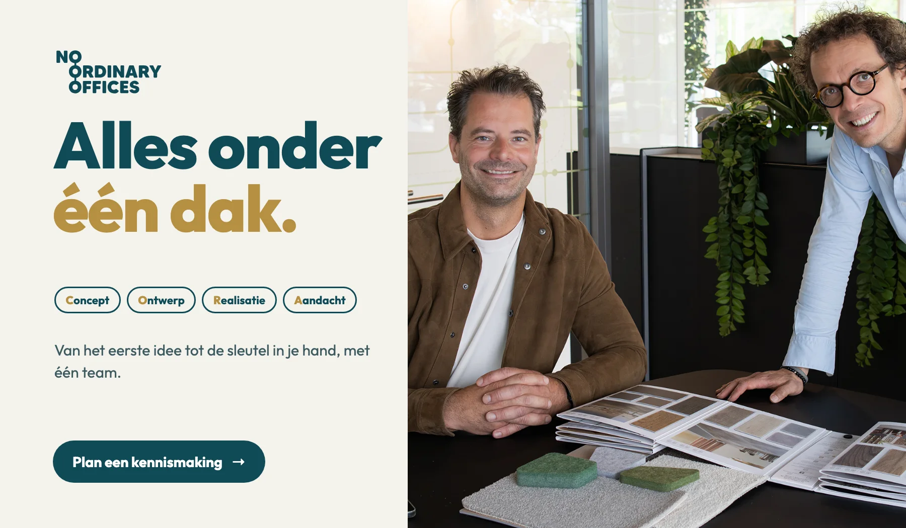 The founders with material samples: Alles onder één dak.